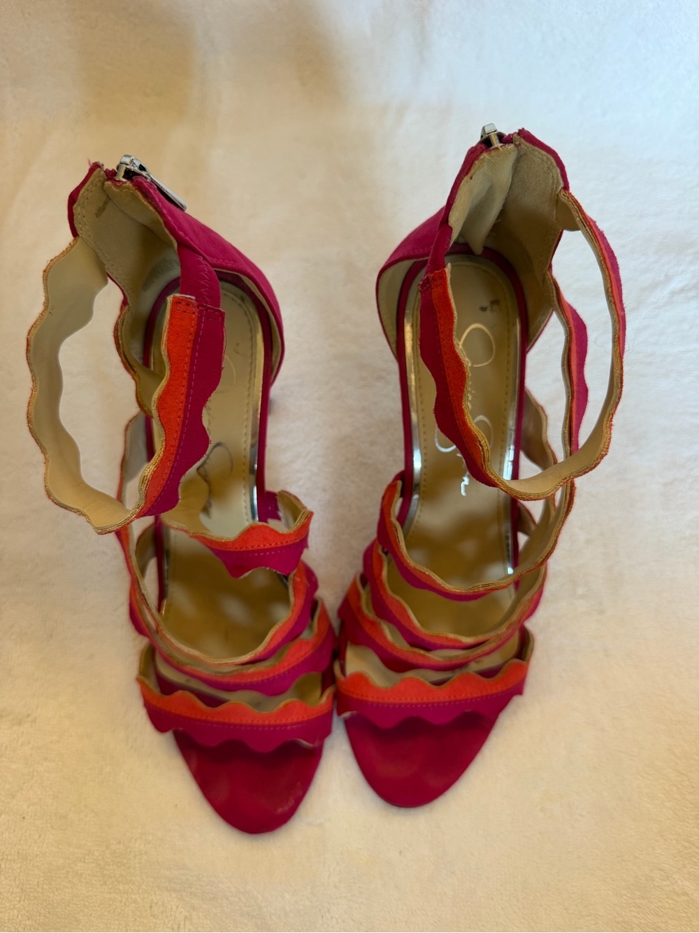 Jessica Simpson Fuchsia and Coral Scalloped Strappy High Heels